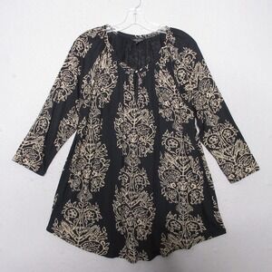 Lucky Brand Top Women Plus 1X‎ Black Tan Boho Peasant Cottage Core 3/4 Sleeve